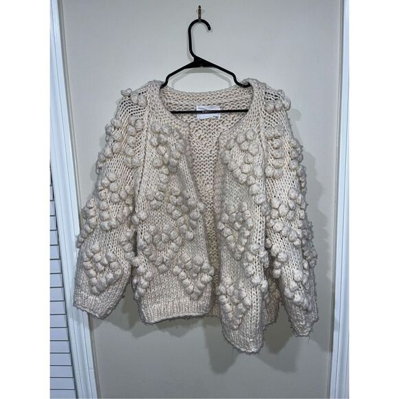 Chicwish Sweaters - ChicWish Handmade Wool Sweater Chunky Heart Knit Cardigan M Pom Poms Cream